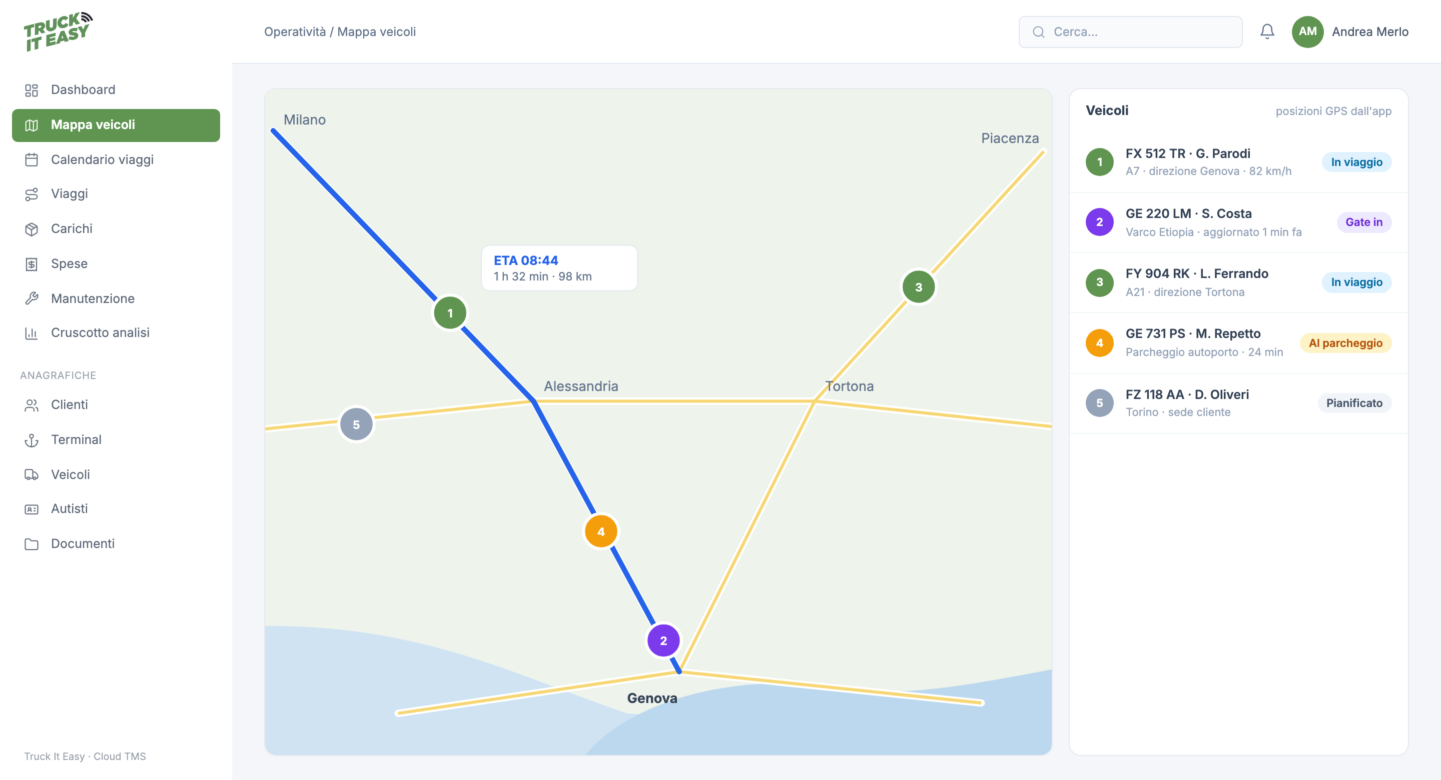 Truck It Easy: mappa dei veicoli con posizioni GPS e tempo di arrivo stimato